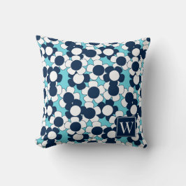 プレッピー デイジー ブルーム - ターコイズ & ネイビー モノグラム クッション