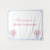 プレッピー ピンクとブルーのオンライン ベビーシャワー 背景 タペストリー (正面(横))