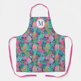 プレッピー ピンク ティール ネイビー ブルー パイナップル モノグラム エプロン