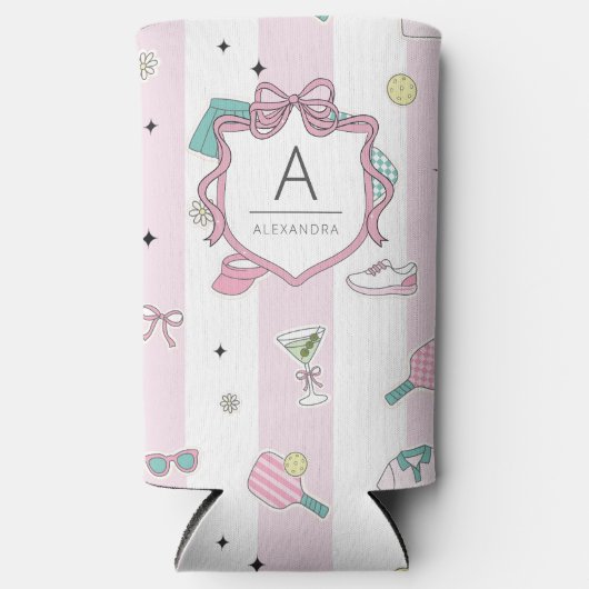 プレッピー ピンク モノグラム ピックルボール ギフト 彼女へ スリム缶クーラー (正面)