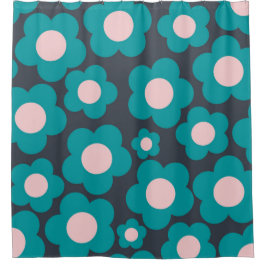プレッピー ブルー ピンク ヒッピーフラワーパターン シャワーカーテン