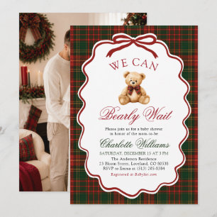 プレッピー レッド クリスマス プリント柄 テディベア ベビーシャワー 招待状