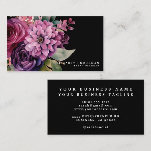 プレミアピンクパープルフローラブラックビジネスカード 名刺 (正面/裏面)