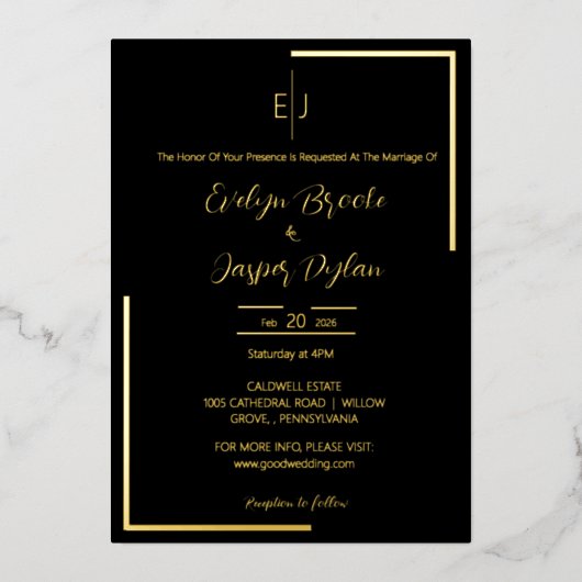 プレミアフェイクモダンタイポグラフィブラック結婚ズ 箔招待状 (正面)