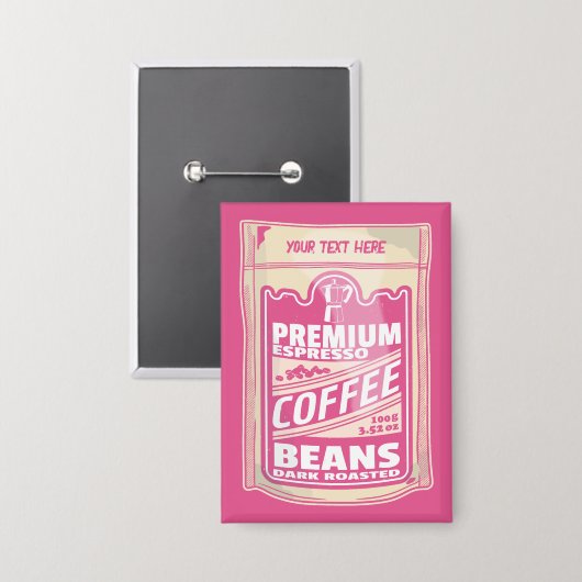 プレミアムエスプレッソのコーヒー豆ピンクの食べポップ・アートの物アート 缶バッジ (正面/裏面)