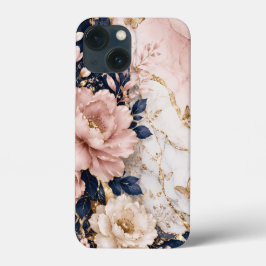 プレミアムネイビーブルーとピンクのボタニカルマーブル iPhone 13 MINIケース