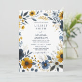 プレミアムネイビーブルーイエロー金ゴールド結婚フローラ 招待状 (スタンド正面)
