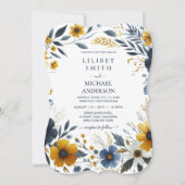 プレミアムネイビーブルーイエロー金ゴールド結婚フローラ 招待状 (正面)