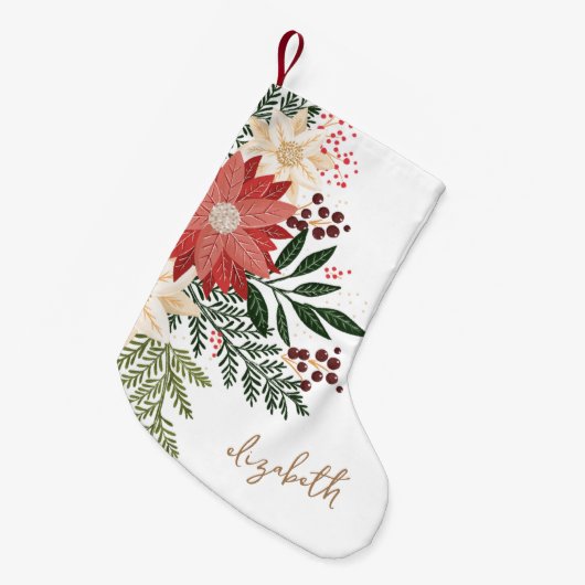 プレミアムフェスティバルポインセチア名前をカスタムするホリデイ スモールクリスマスストッキング (正面 (吊り時))