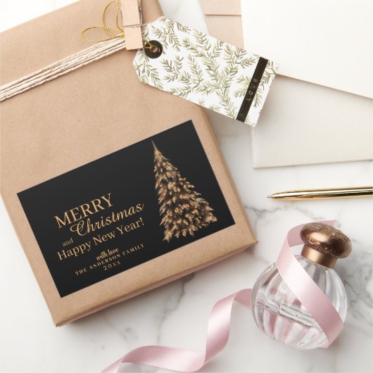 プレミアムブラックと金ゴールドクリスマスツリークリスマス 長方形シール (ギフト)