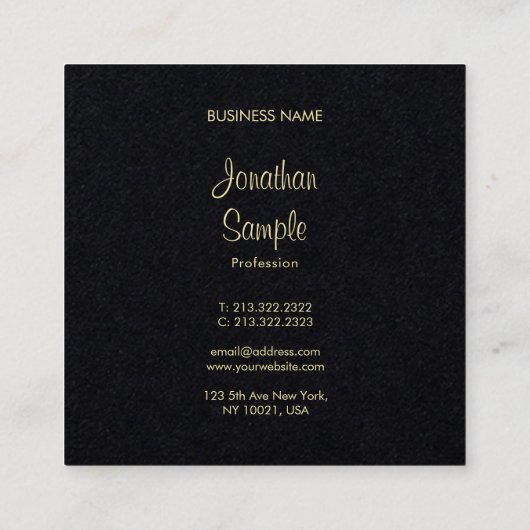 プレミアムブラック金ゴールドハンドスクリプトフォントプレーン スクエア名刺 (裏面)