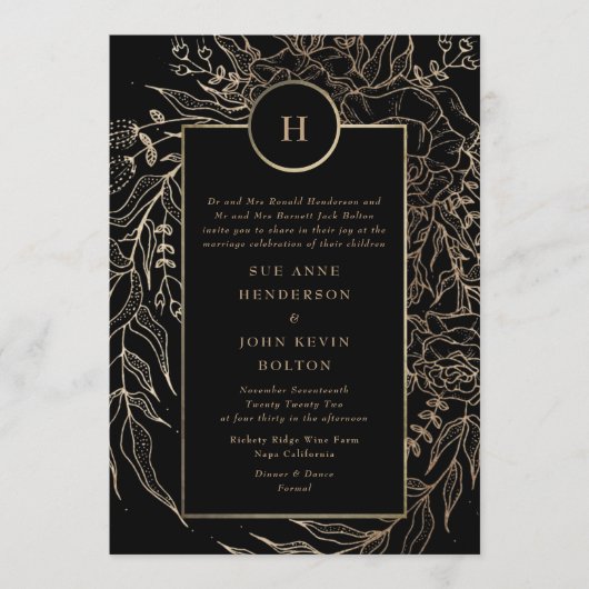 プレミアムブラック金ゴールドモノグラムリース結婚ズ 招待状 (正面)