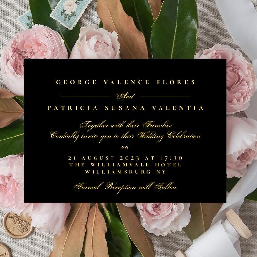 プレミアムブラック金ゴールド書道エレガントな結婚式 箔招待状