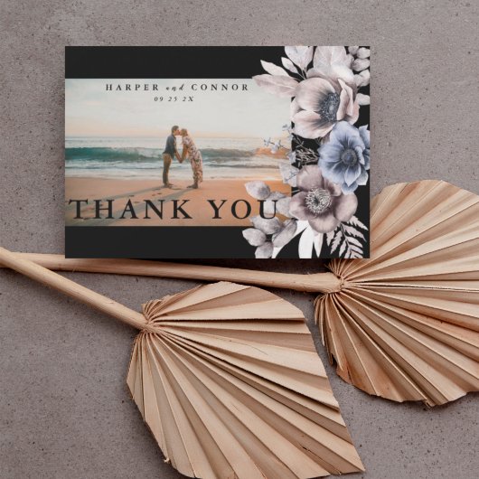 プレミアムブラック金ゴールド植物園パンパ花模様写真 サンキューカード