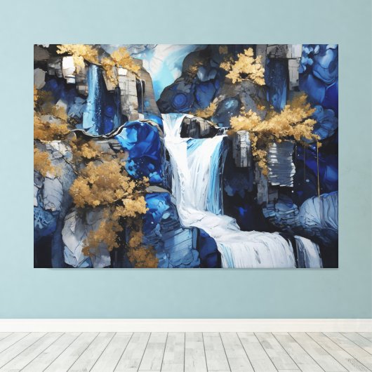 プレミアムブルー&ホワイト滝の風景アー絵を描ト キャンバスプリント (インサイチュ (ウッドフロア))