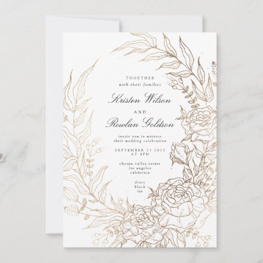 プレミアムホワイトおよび金ゴールドフローラ結婚リース 招待状 (正面)