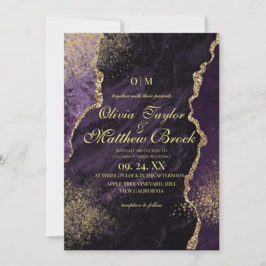 プレミアムモダンムーディパープルと金ゴールド結婚ズ 招待状 (正面)