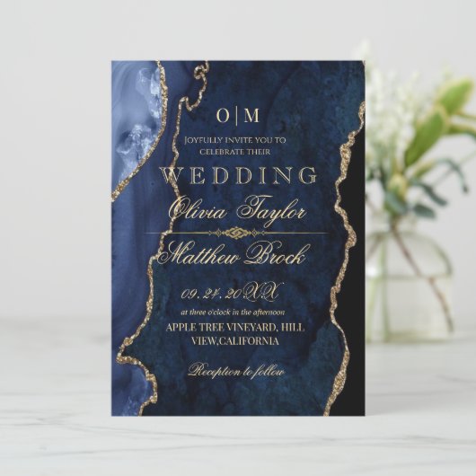 プレミアムモダンムーディブルーと金ゴールド結婚ズ 招待状 (スタンド正面)