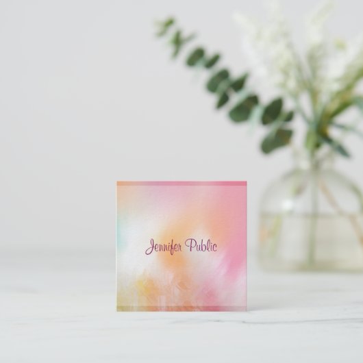 プレミアム厚モダン抽象芸術カラフルテンプレート スクエア名刺 (スタンド正面)