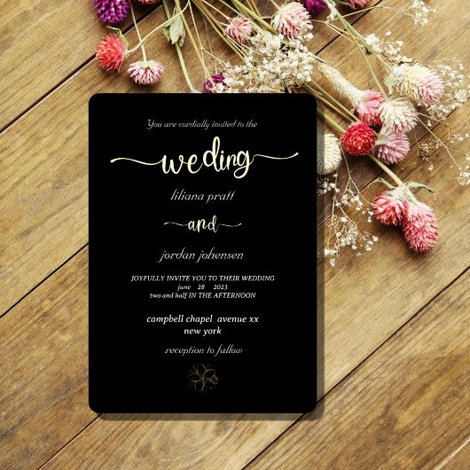 プレミアム実在金ゴールドエレガントモノグラムブラックフォイルInv 箔招待状