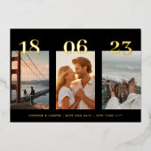 プレミアム金ゴールド4枚の写真の結婚式の日付を保存 箔招待状 (正面)