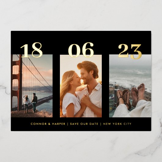 プレミアム金ゴールド4枚の写真の結婚式の日付を保存 箔招待状 (正面)