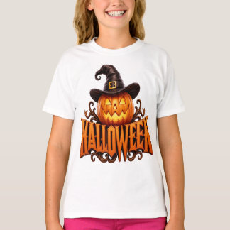プレミアム3Dハロウィン・パンプキンロゴ+魔女の帽子 Tシャツ