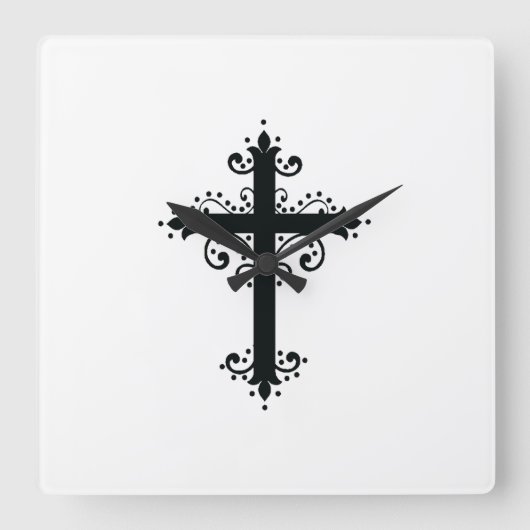 プレミアム オーナメント彫刻十字架 アート スクエア壁時計 (正面)