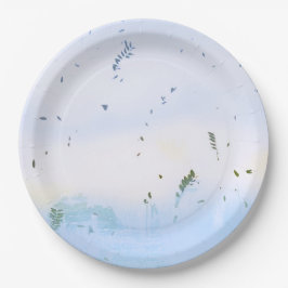 プレートが青い緑のフローラ葉を入れた紙 ペーパープレート