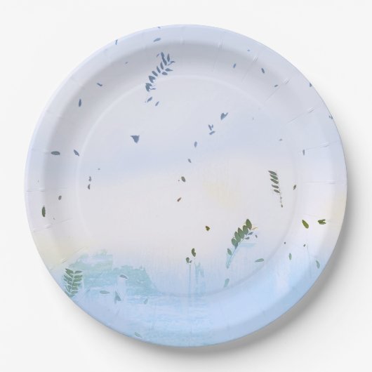 プレートが青い緑のフローラ葉を入れた紙 ペーパープレート (正面)