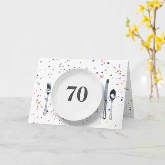 プレートとシルバーウェア70誕生日 カード (黄色い花)