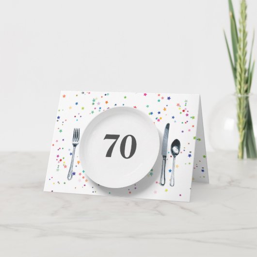 プレートとシルバーウェア70誕生日 カード (正面)