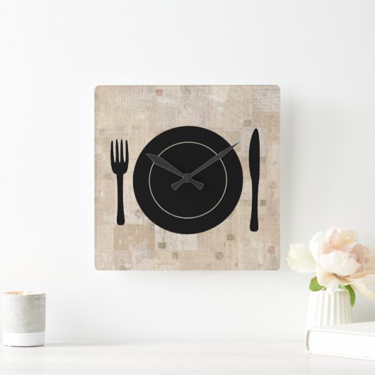 プレートセットフォークナイフスプーンヴィンテージスタンプ スクエア壁時計 (ホーム)