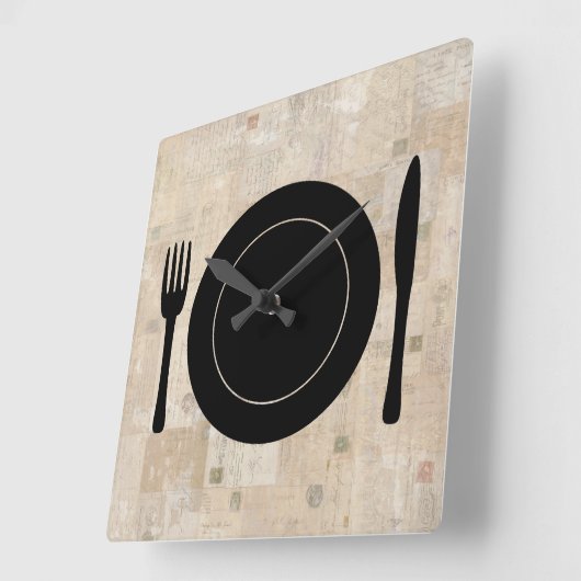 プレートセットフォークナイフスプーンヴィンテージスタンプ スクエア壁時計 (傾斜)