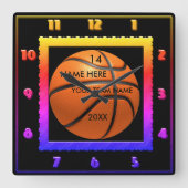 プレーヤー名付きバスケットボール虹色時計 スクエア壁時計 (正面)