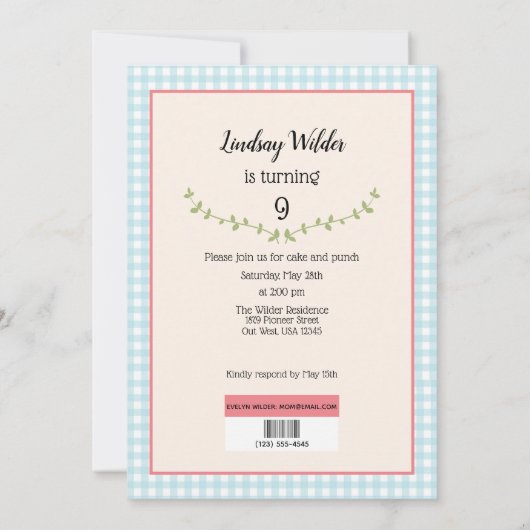 プレーリーガールブックカバー誕生日 招待状 (裏面)