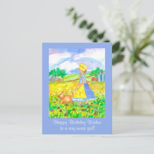 プレーリーファームガール歩くAドッグハッピーバースデー ポストカード (スタンド正面)