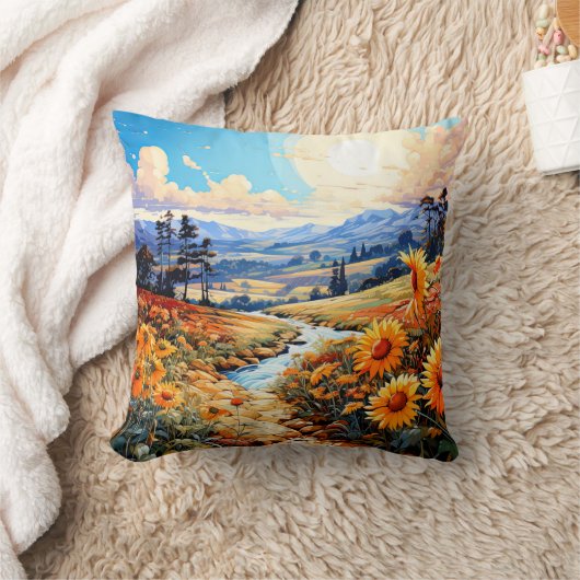 プレーリー鮮やかランドスケープイラストレーション クッション (ブランケット)