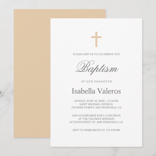 プレーンエレガントコーヒシンプルークリームバプテスマ 招待状 (正面/裏面)