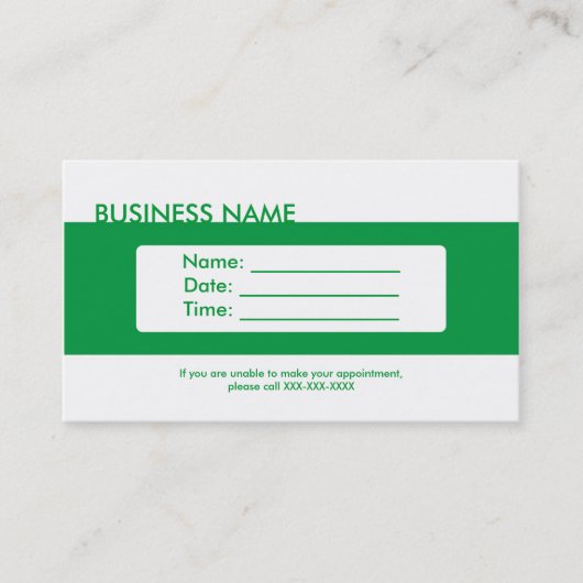 プレーンシンプルグリーンアポイントメント名刺 予約カード (正面)