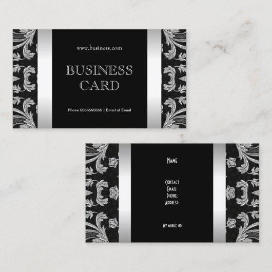 プレーンシンプルシルバーブラックフローラダマスク2 名刺 (正面/裏面)