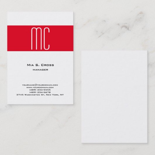 プレーンスタイリッシュミニマル赤ストライプ白モノグラム 名刺 (正面/裏面)