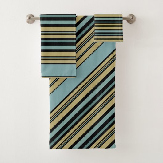 プレーンストライプのオリーブグリーン、黒とグレーのスローパイ バスタオルセット (インサイチュ)
