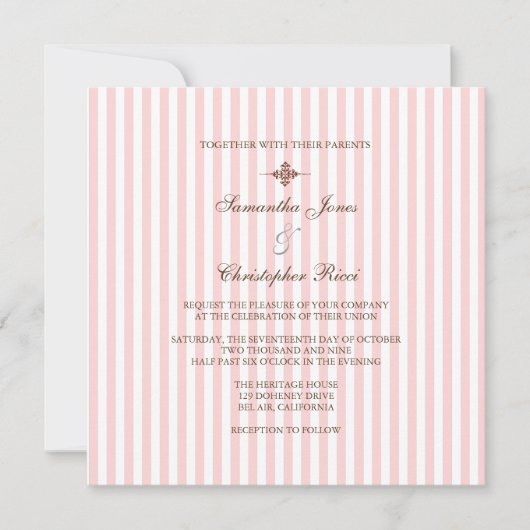 プレーンピンクのストライプ結婚式招待状 招待状 (正面)