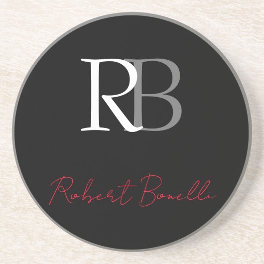 プレーンモダンブラック赤のモノグラムのイニシャル名 コースター (正面)
