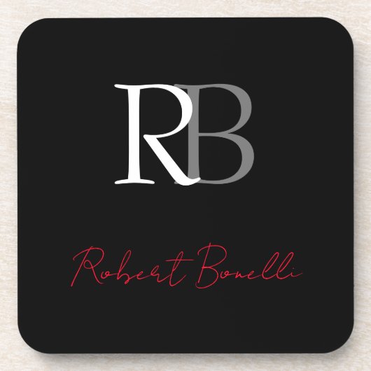 プレーンモダンブラック赤のモノグラムのイニシャル名 コースター (正面)