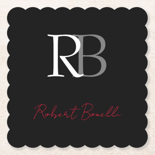 プレーンモダンブラック赤のモノグラムのイニシャル名 ペーパーコースター (正面)