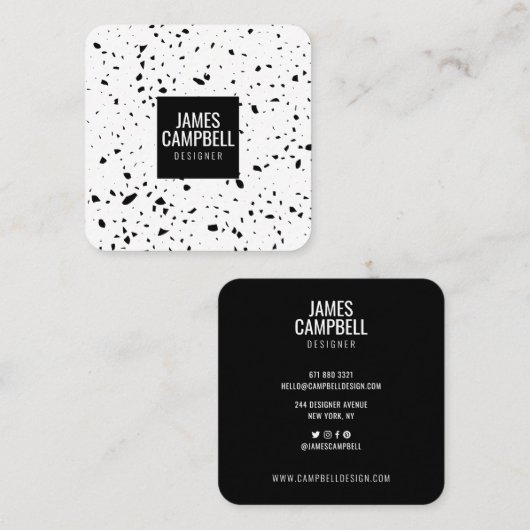 プレーンモダン白黒テラッツォ大理石パターン スクエア名刺 (正面/裏面)