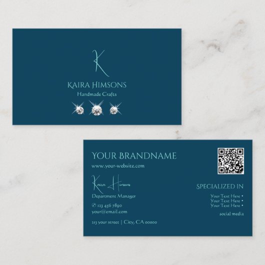 プレーン海ブルーとモノグラムQRコードと宝石 名刺 (正面/裏面)