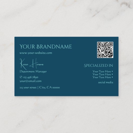 プレーン海ブルーとモノグラムQRコードと宝石 名刺 (裏面)